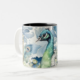 Caneca De Café Em Dois Tons Penas de Pavão Teal e Sage Floral Damask