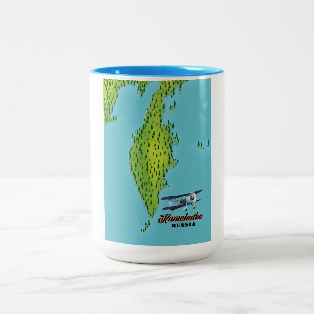Caneca De Café Em Dois Tons Península de Kamchatka mapa de viagem Rússia. (Centro)