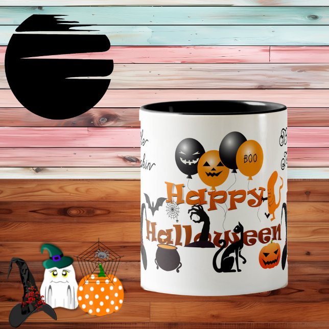 Caneca De Café Em Dois Tons Pequeno Pumpkin Feliz Festa de Halloween Balão Fun (Little Pumpkin Happy Halloween Party Balloon Funky Two-Tone Coffee Mug)