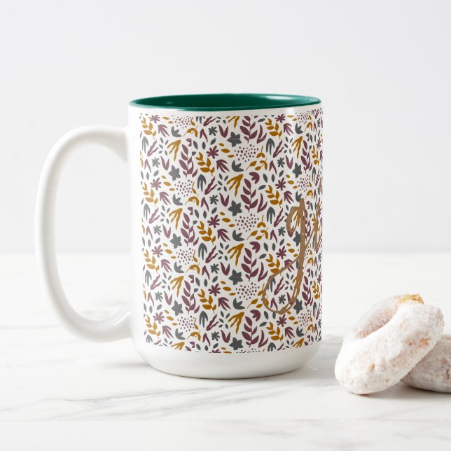 Caneca De Café Em Dois Tons Personalização de Padrão Botânico (Com Donut)