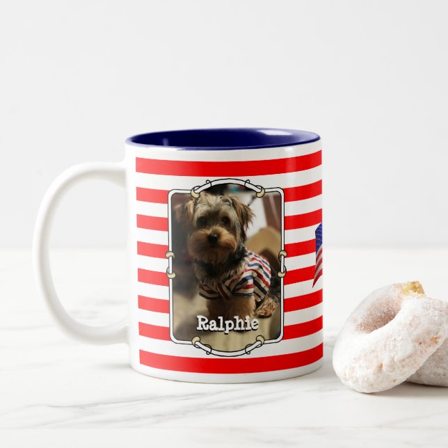 Caneca De Café Em Dois Tons Personalizada 2 Fotos EUA Bandeira Americana Cute  (Com Donut)
