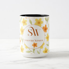 Caneca De Café Em Dois Tons Personalizado com Flores Laranja e Amarelo _