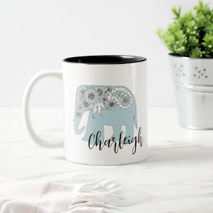 Caneca De Café Em Dois Tons Personalizado Elefante Paisley Azul Boho Chic