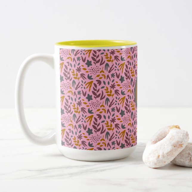 Caneca De Café Em Dois Tons Personalizar Padrão Botânico (Com Donut)