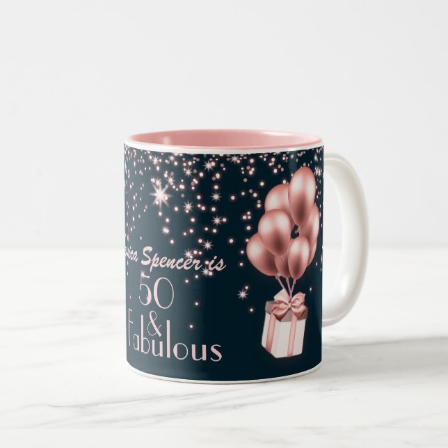 Caneca De Café Em Dois Tons Personalizável 50 e fabuloso Rosa Dourado 50º aniv (Frente Esquerda)