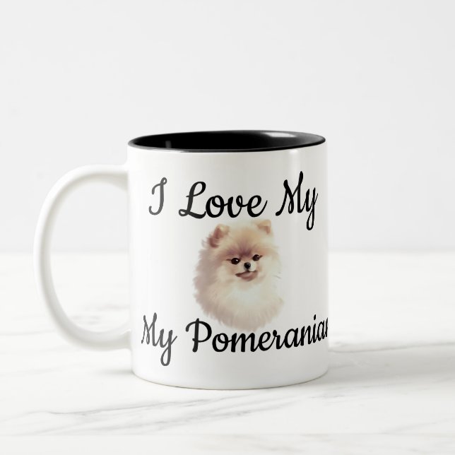 Caneca De Café Em Dois Tons Personalizável Eu Amo Meu Pomeraniano (Esquerda)