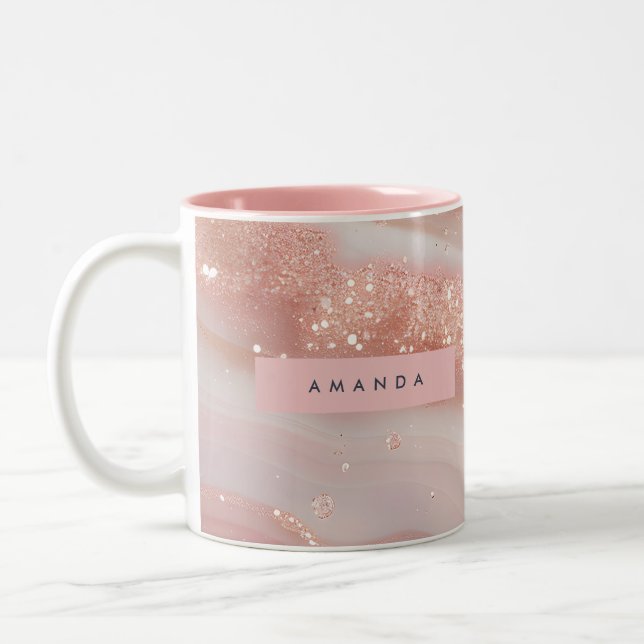 Caneca De Café Em Dois Tons Personalized Blush Rose Gold Marble Sparkle (Esquerda)