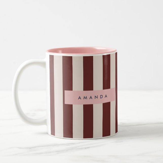 Caneca De Café Em Dois Tons Personalized Burgundy & Ivory Stripe (Esquerda)