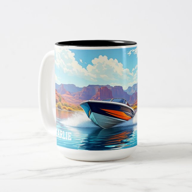 Caneca De Café Em Dois Tons Personalized Ceramic Coffee Mug Fun Boat Theme (Frente Esquerda)