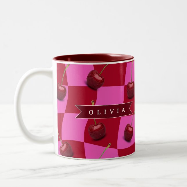 Caneca De Café Em Dois Tons Personalized Cherry Gingham Retro Custom Name (Esquerda)