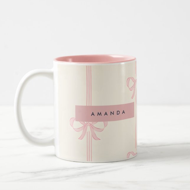 Caneca De Café Em Dois Tons Personalized Coquette Blush Pink Bow Ribbon  (Esquerda)