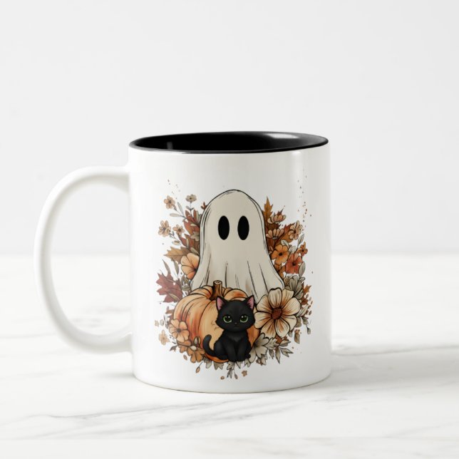 Caneca De Café Em Dois Tons Personalized Cute Ghost and Black Cat Autumn Mug (Esquerda)