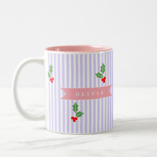 Caneca De Café Em Dois Tons Personalized Cute Striped Holiday Christmas Holly 