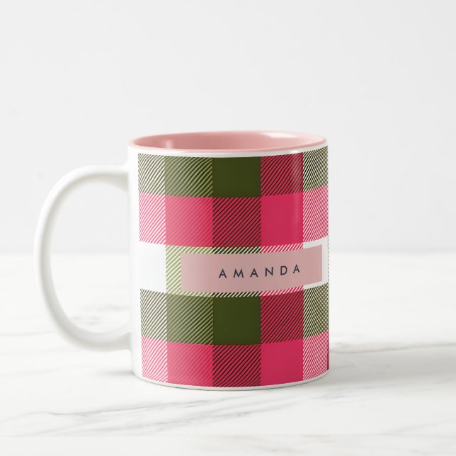 Caneca De Café Em Dois Tons Personalized Festive Pink and Green Plaid (Esquerda)