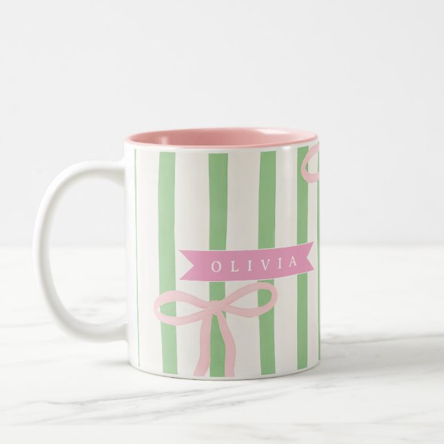 Caneca De Café Em Dois Tons Personalized Girly Coquette Green Stripe Bow (Esquerda)