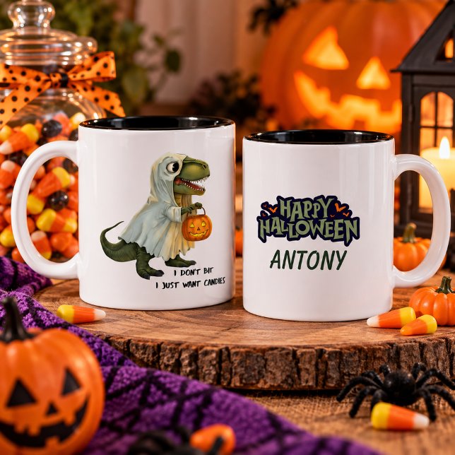 Caneca De Café Em Dois Tons Personalized Halloween Dinosaur Mug (Criador carregado)