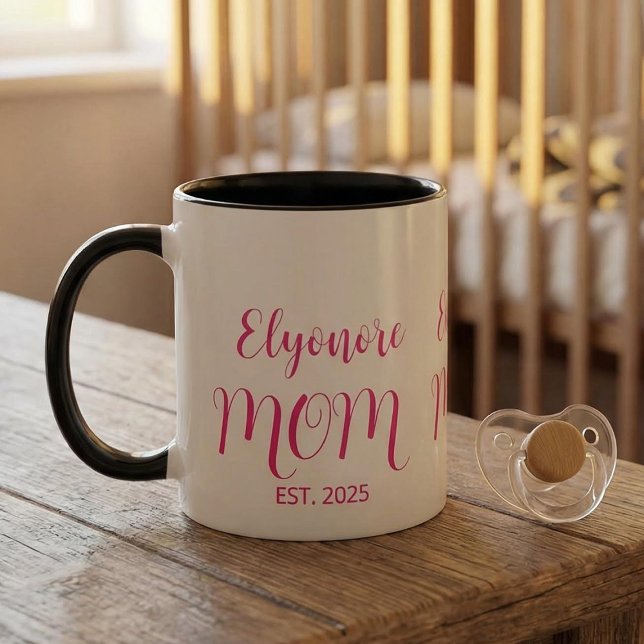 Caneca De Café Em Dois Tons Personalized Mom Name Established Pink Script  (Criador carregado)