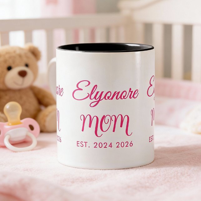 Caneca De Café Em Dois Tons Personalized Mom Name Two Date Pink Script  (Criador carregado)