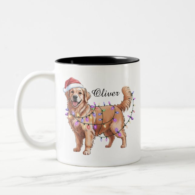 Caneca De Café Em Dois Tons Personalized Name Christmas Golden Retriever Dog  (Esquerda)