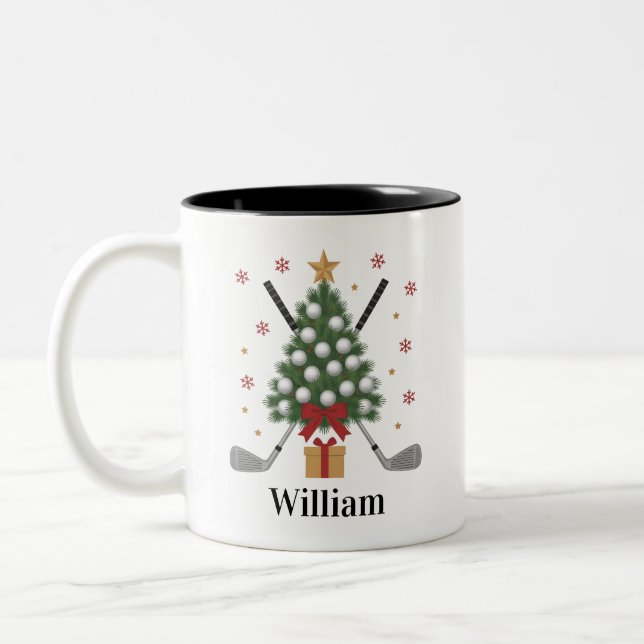 Caneca De Café Em Dois Tons Personalized Name Golf Tree Equipment Christmas  (Esquerda)