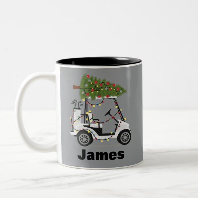 Caneca De Café Em Dois Tons Personalized Name Golfer Christmas Golf Cart Xmas  (Esquerda)