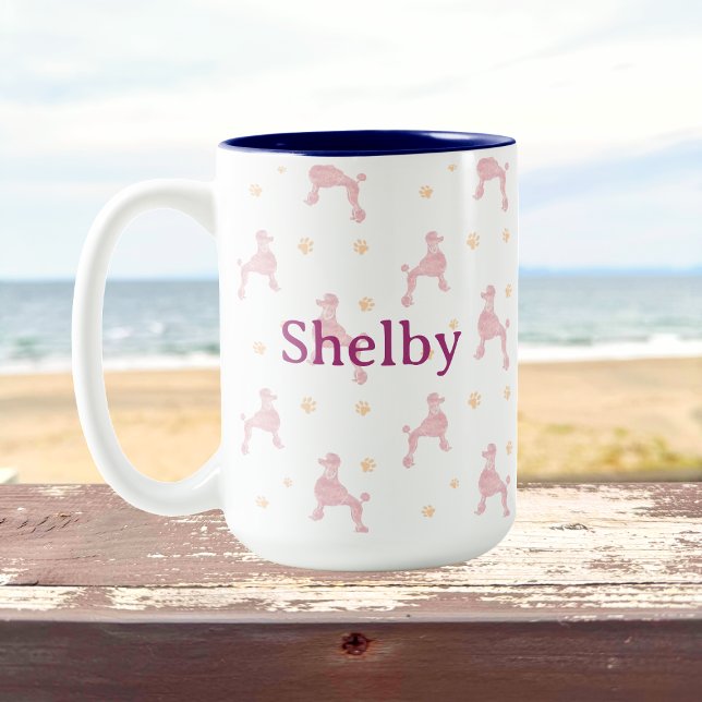 Caneca De Café Em Dois Tons Personalized pastel pink Poodle Pattern (Criador carregado)