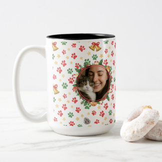 Caneca De Café Em Dois Tons Personalized Pet Photo Christmas Paw Print Mug