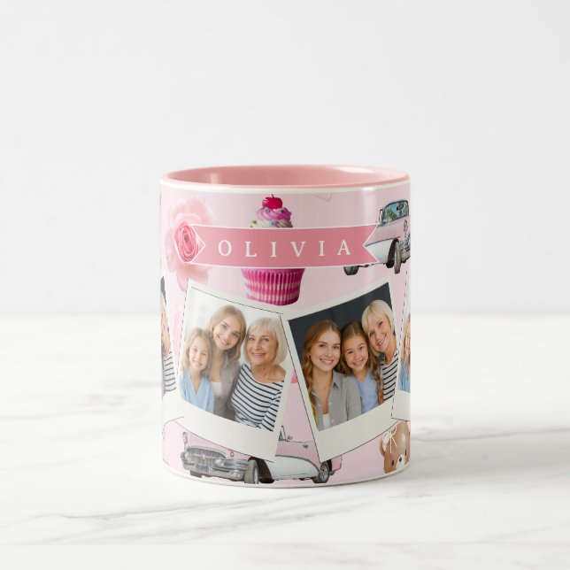 Caneca De Café Em Dois Tons Personalized Pink Coquette Retro Cute Teddy Bear  (Centro)