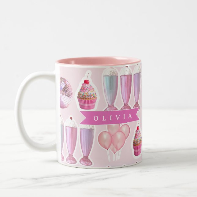Caneca De Café Em Dois Tons Personalized Pink Retro Milkshake Cute Coquette (Esquerda)