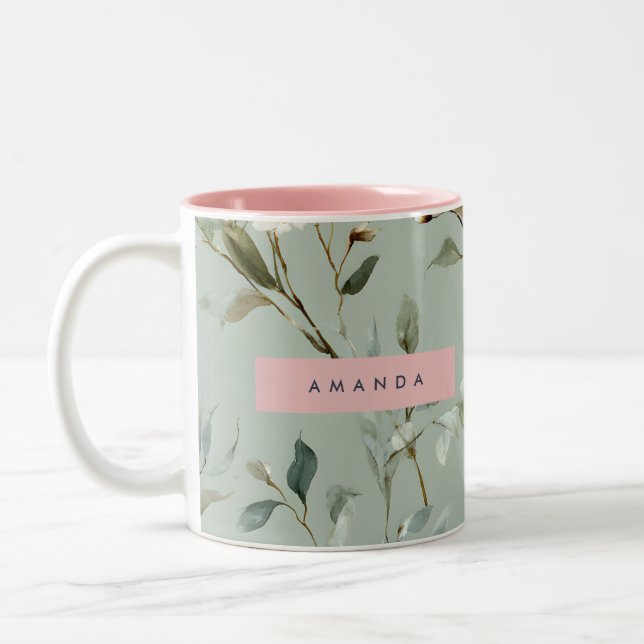 Caneca De Café Em Dois Tons Personalized Soft Pastel Green Flower Design (Esquerda)