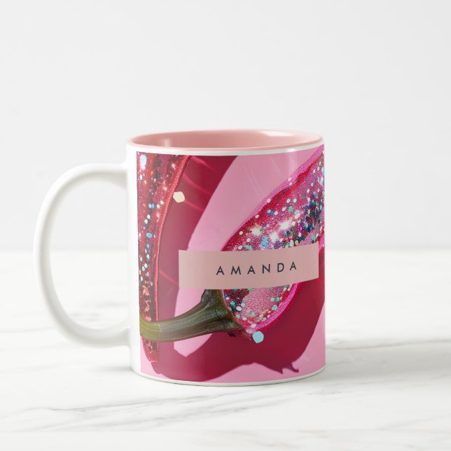 Caneca De Café Em Dois Tons Personalized Sparkling Hot Pink Glitter Chili (Esquerda)