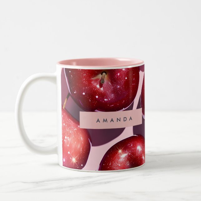 Caneca De Café Em Dois Tons Personalized Sparkling Red Apple Pink Background (Esquerda)