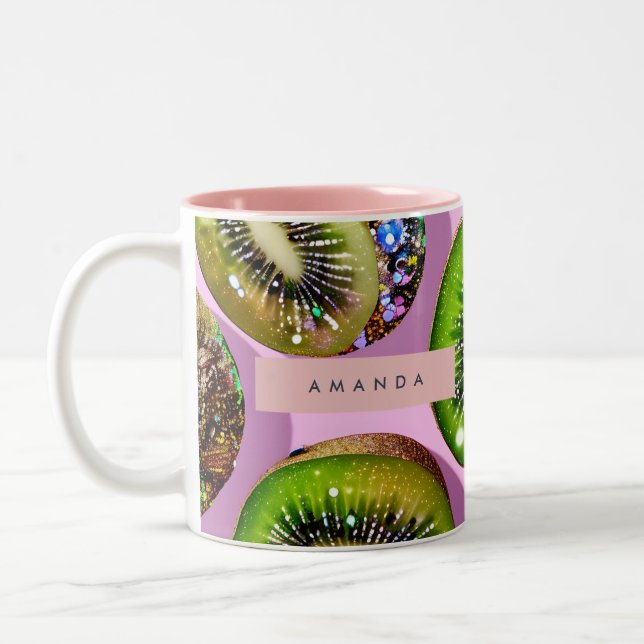 Caneca De Café Em Dois Tons Personalized Vibrant Glitter Kiwi Pop Art Design (Esquerda)