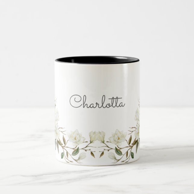 Caneca De Café Em Dois Tons Personalized White Floral Mug, Elegant Custom Name (Centro)