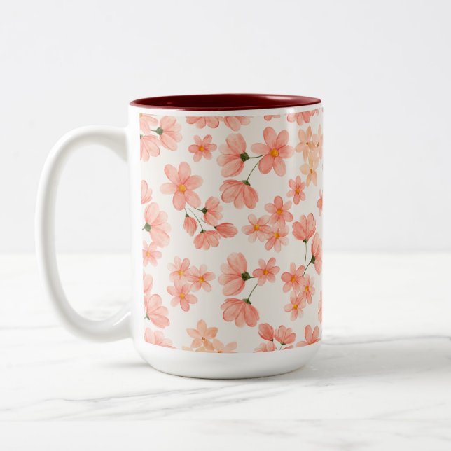 Caneca De Café Em Dois Tons Pêssego de Aquarela Floral (Esquerda)