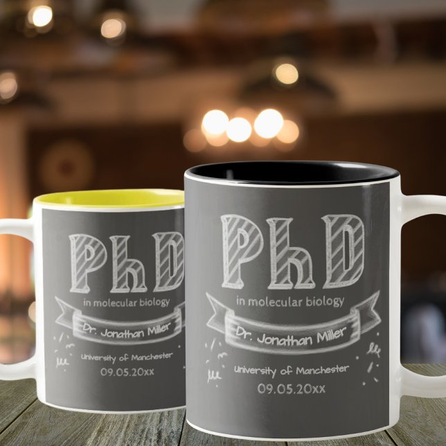 Caneca De Café Em Dois Tons PhD graduation graduate gift chalkboard university (Criador carregado)