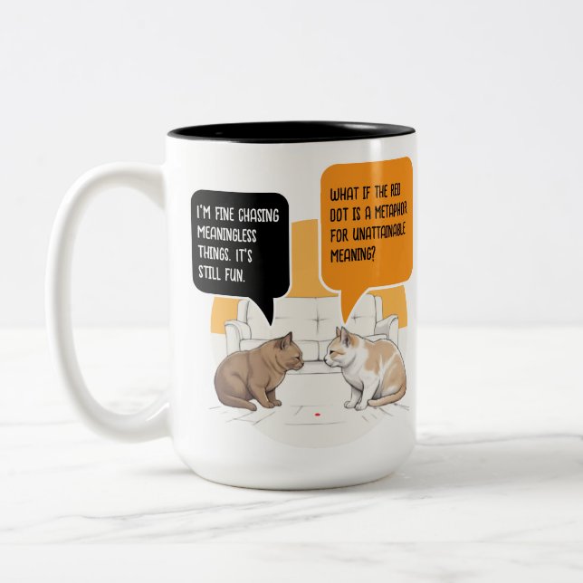 Caneca De Café Em Dois Tons Philosophy Cat Red Dot Existential Humor Art (Esquerda)