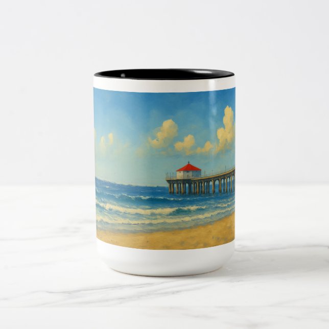 Caneca De Café Em Dois Tons Píer de praia de Manhattan com telhado vermelho (Centro)