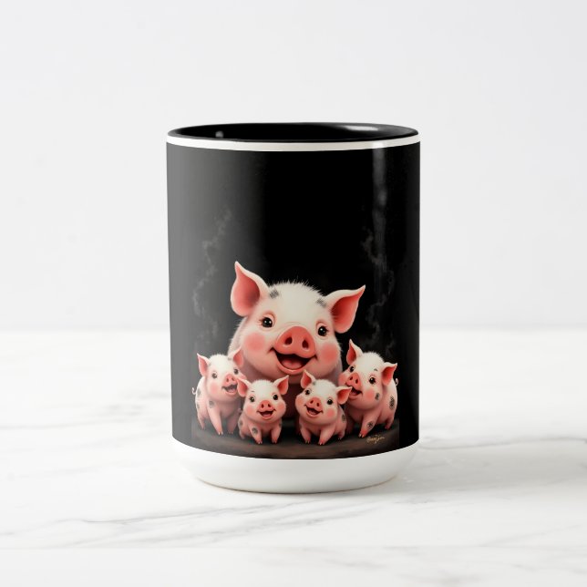 Caneca De Café Em Dois Tons Pig Artwork – Mother Pig & Piglets (Centro)