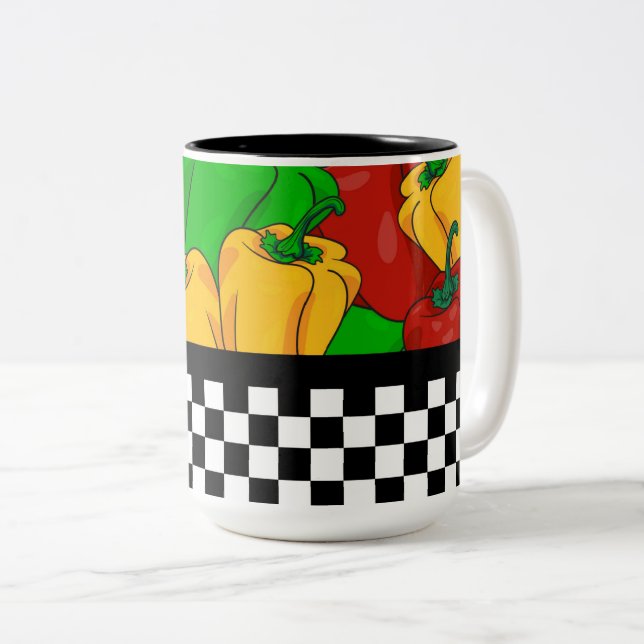 Caneca De Café Em Dois Tons Pimentões tricolados funky e cartão de controlo (Frente Esquerda)