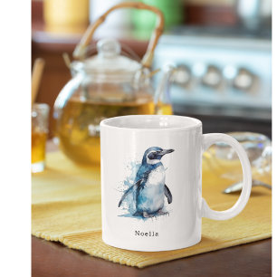 Caneca De Café Em Dois Tons Pinguim Aquarela Azul Ártico, personalizado