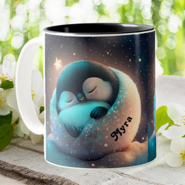 Caneca De Café Em Dois Tons Pinguim bonito dormindo Stars Lua Personalizado (Criador carregado)