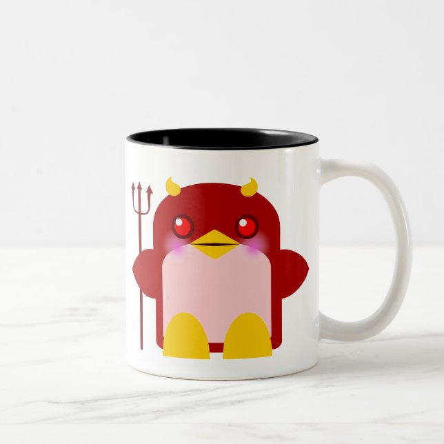 Caneca De Café Em Dois Tons Pinguim Kawaii Diabo Halloween (Direita)
