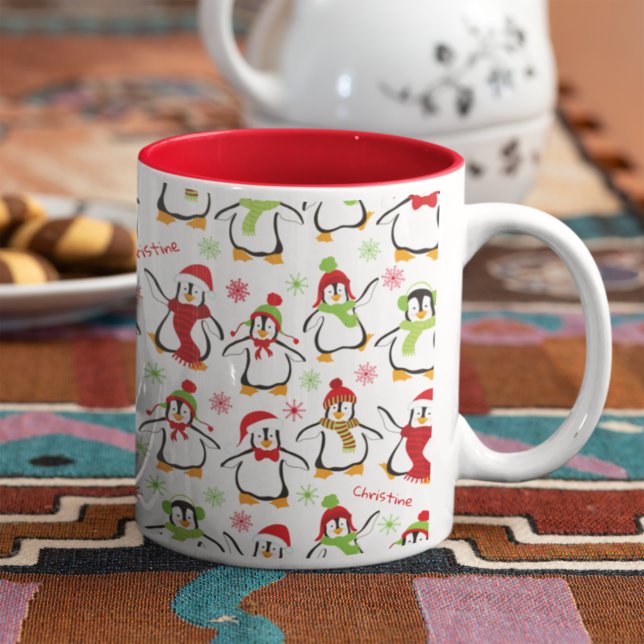 Caneca De Café Em Dois Tons Pinguins Dançantes, Vermelho e Verde, Natal (Criador carregado)