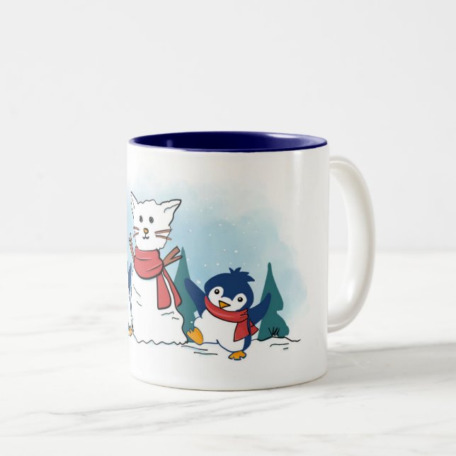 Caneca De Café Em Dois Tons Pinguins fofos construindo um Snowcat de Natal (Frente Esquerda)