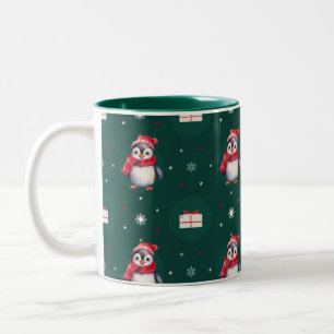 Caneca De Café Em Dois Tons Pinguins Papais noeis Green Feliz Padrão de Natal 
