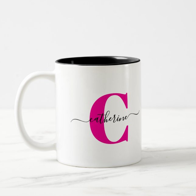 Caneca De Café Em Dois Tons Pink Black Minimalist Elegant Script Monogram Name (Esquerda)