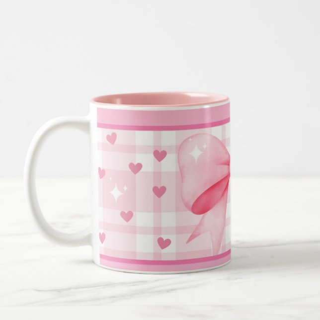 Caneca De Café Em Dois Tons Pink Bow Mug- Cute Aesthetic Coffee Cup (Esquerda)