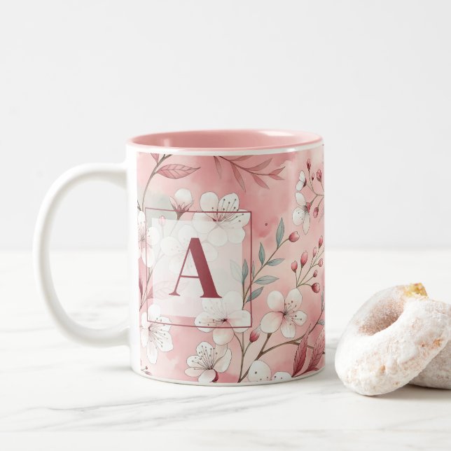Caneca De Café Em Dois Tons Pink cherry blossom monogram (Com Donut)