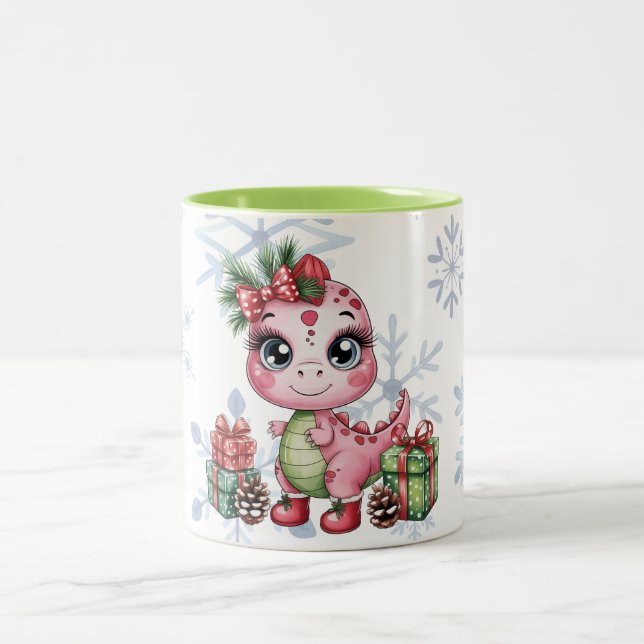 Caneca De Café Em Dois Tons Pink Christmas Dino Girl Baby Shower (Centro)